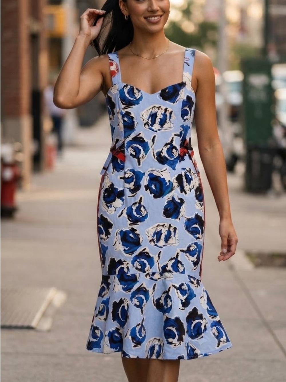 Sachin + Babi Light Blue Floral Midi Dress with Navy and Red Accents
